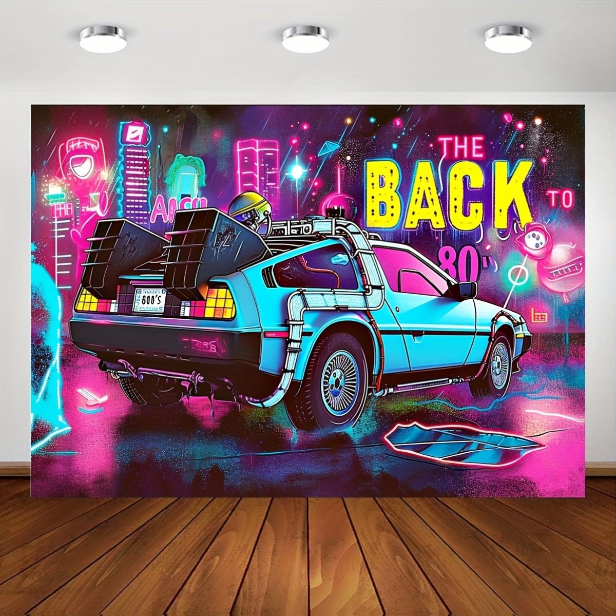 1pc Retro 80s Party Banner Vibrant Polyester Tailgate Decor with The Back to the 80s Design Neon Lights Retro Cars Perf 74x94cm(29x37in)
