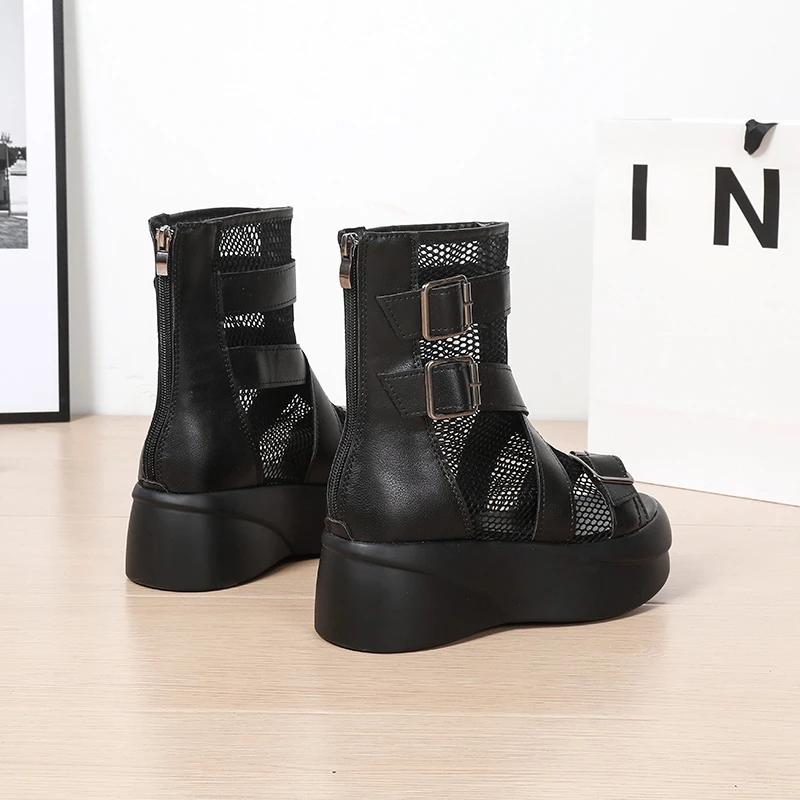 Fashion Women's Sandalias Zip Breathable Mesh Mid-heeled Women Shoes Black Roman Toes Exposed Summer Fashion Thick-soled Sandals