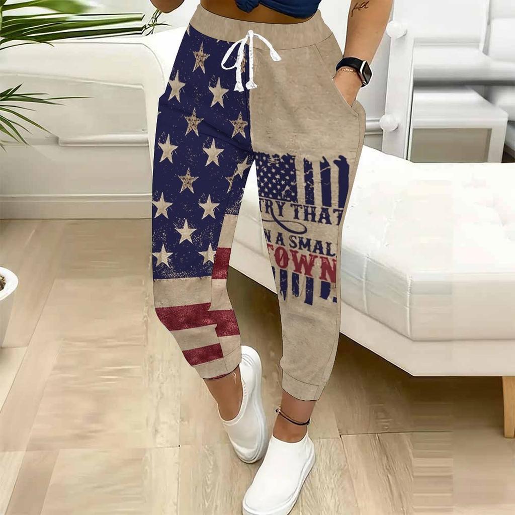 Summer Ladies  United States Printed Sweatpants Loose Fit Drawstring Joggers Elastic Cuff Daily Casual Pants