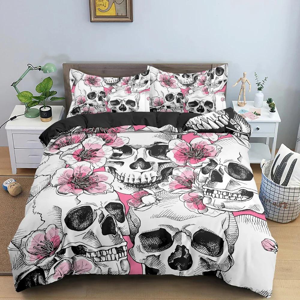 Heißer Stil Weiches Bettwäsche-Set 3D Digital Schädel Druck 2/3-teiliges Bettbezug-Set mit Reißverschluss Einzelbett Twin Doppelbett Full Queen King