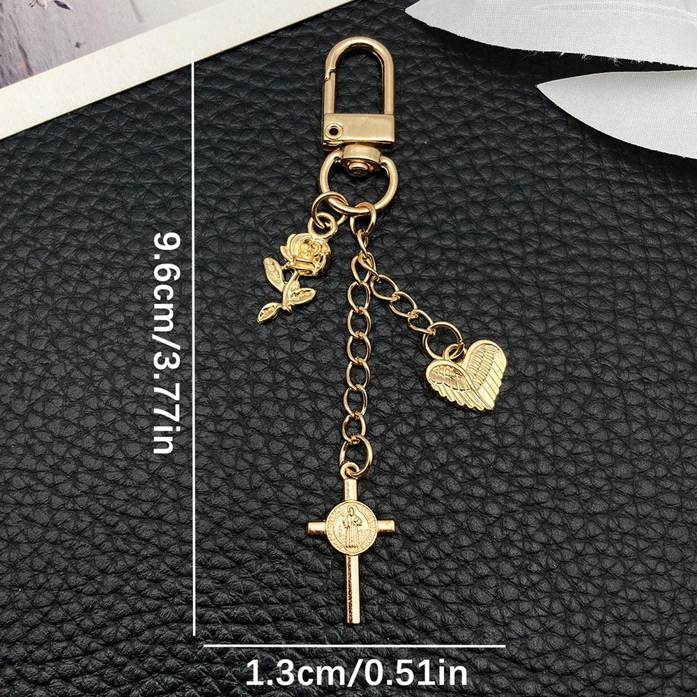 Gold Rose Heart Wings Cross Alloy Keychain Pendant