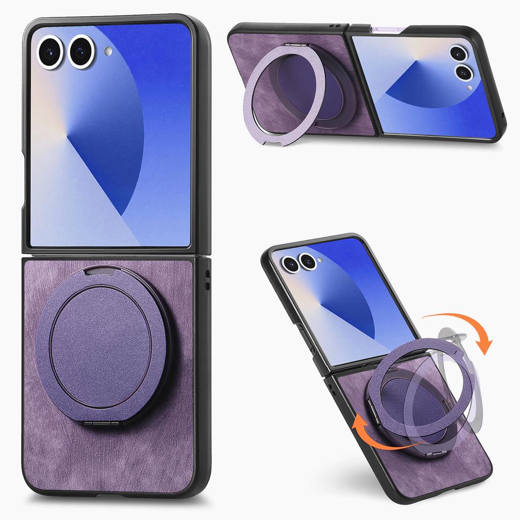 For Samsung Galaxy Z Flip7 5G Phone Case with Rotating Kickstand Stress Relief Retro Leather Back Cover