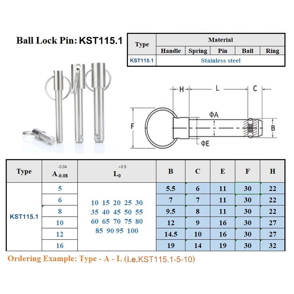 High Quality KST115.1 Dia5~16mm All Stainless Steel Solid Quick Release Pins Spring Ball Lock Pins With Ring