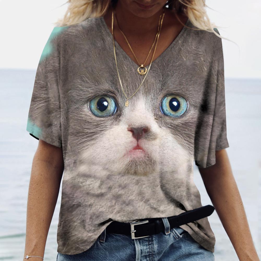 Mode Dier Kat 3D Print T-shirt Dames T-shirt V-hals Oversized Dames Tee Tops Zomer Streetwear Harajuku Y2k Kleding