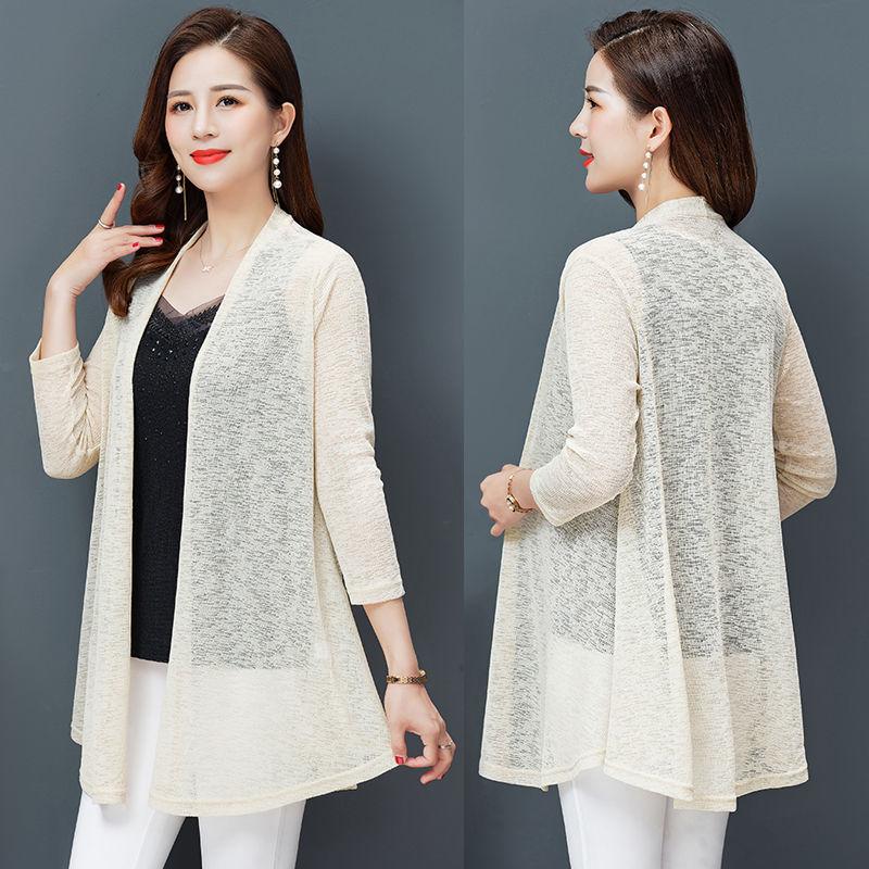 Sommer Neu Übergröße Strickjacke Damen Baumwolle und Leinen Strickpullover Klimaanlagenhemd Sonnenschutz Mittelang Dünne Jacke Schal