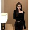 2025 Women's Slimming Solid Color Long Sleeve Cropped Top - Korean Simple Design for Autumn