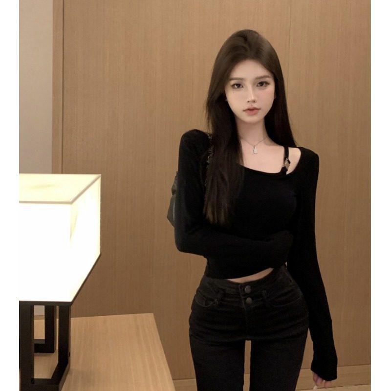 2025 Women's Slimming Solid Color Long Sleeve Cropped Top - Korean Simple Design for Autumn