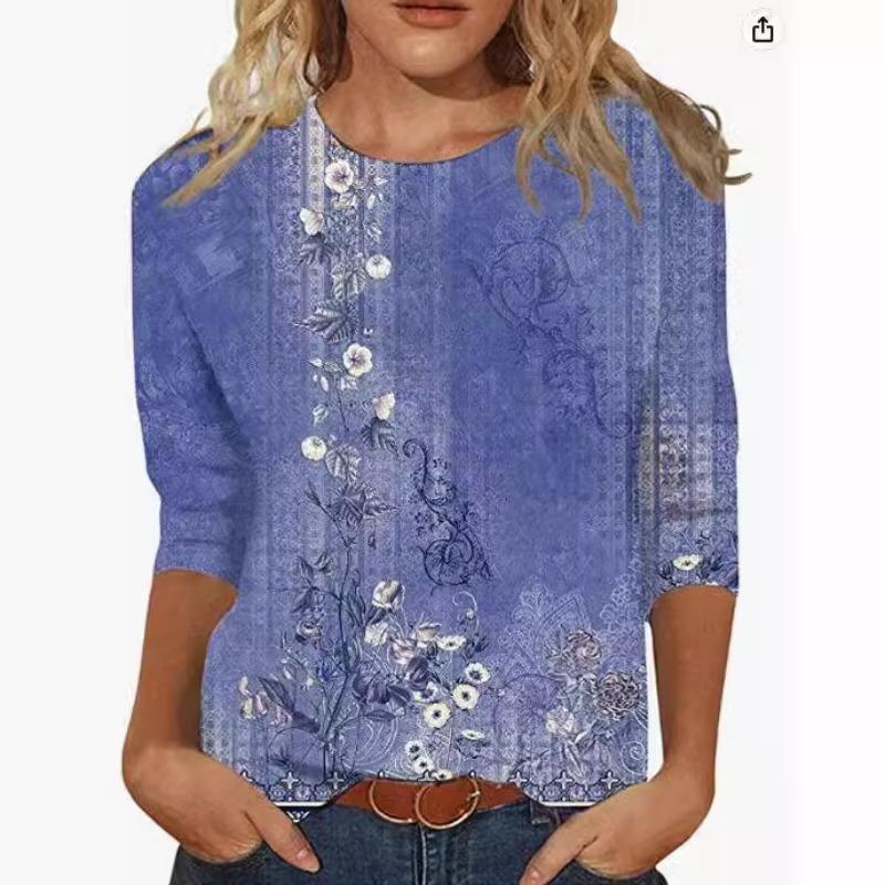 Fashionable Women's Flower Print Short Sleeves Simple Top Soft Top T-Shirts Women’s