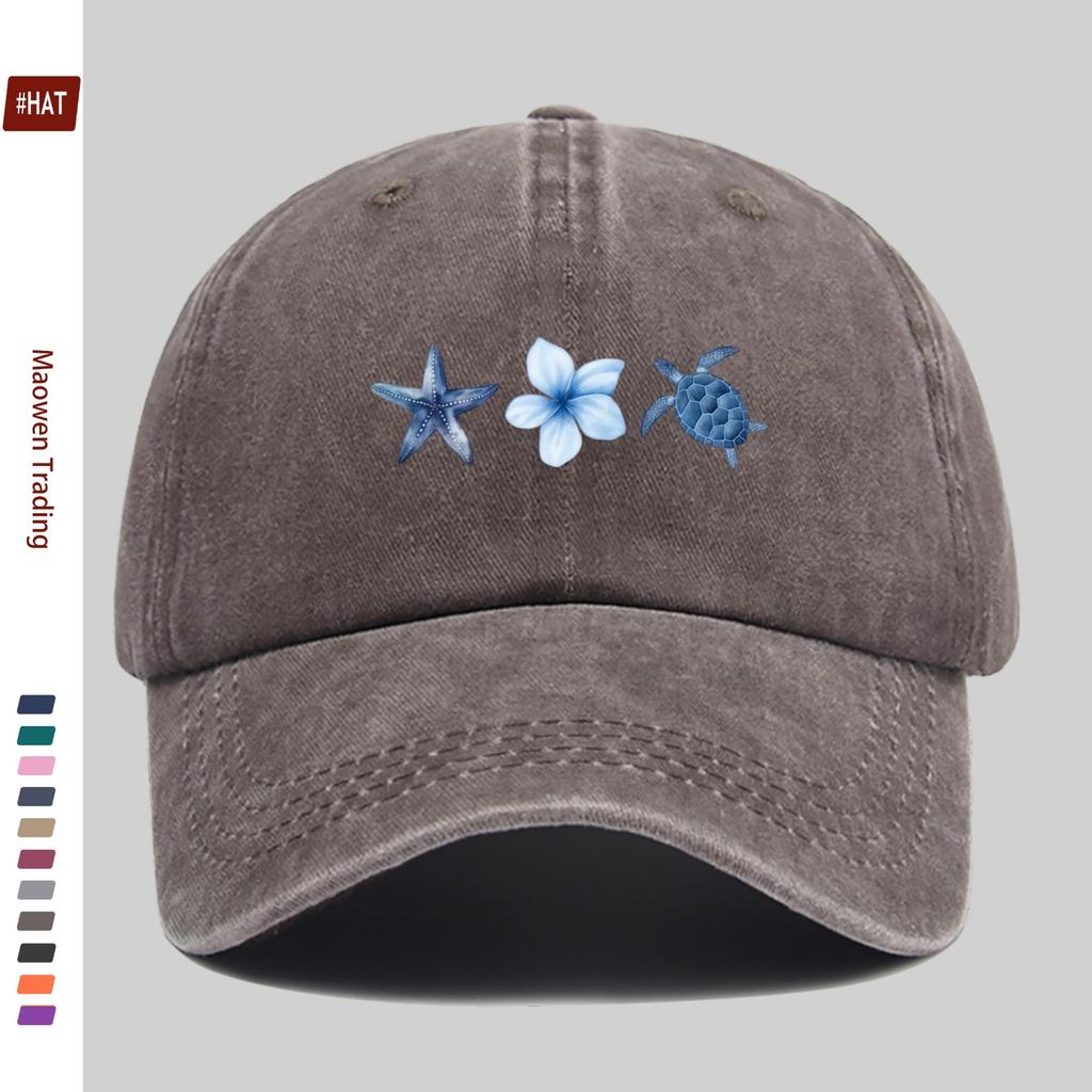 Pc Fashionable Baseball Cap With Starfish Magnolia And Turtle Print Adjustable Buckle Closure Lightweight Polyester Ideal