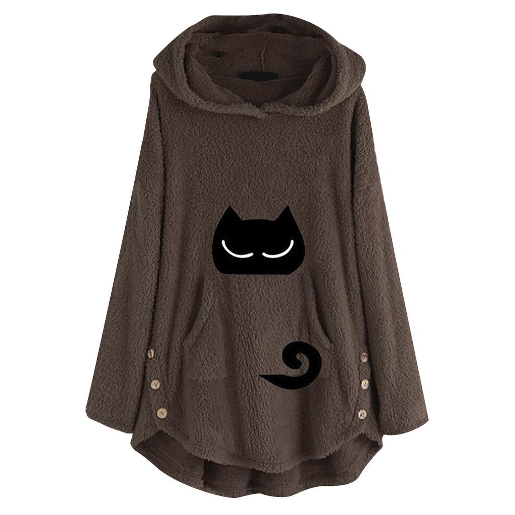 Damen Katzen Plüsch Oberteil mit einfarbigem bedrucktem lässigem Langarm-Kapuzenpullover