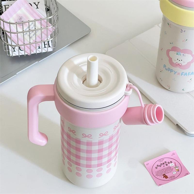 Large Capacity Cute Insulated Mug, 1000Ml Tumbler With Handle And Straw Lid, Stainless Steel Sports Water Bottle