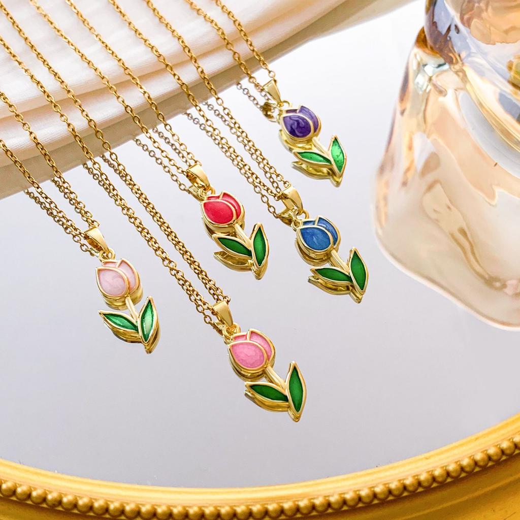 Dolce Colorato Smalto Fiore di Tulipano Ciondolo Collana per Donne Ragazze Colore Oro Acciaio Inossidabile Catena Gioiello Y2K Accessorio Regalo