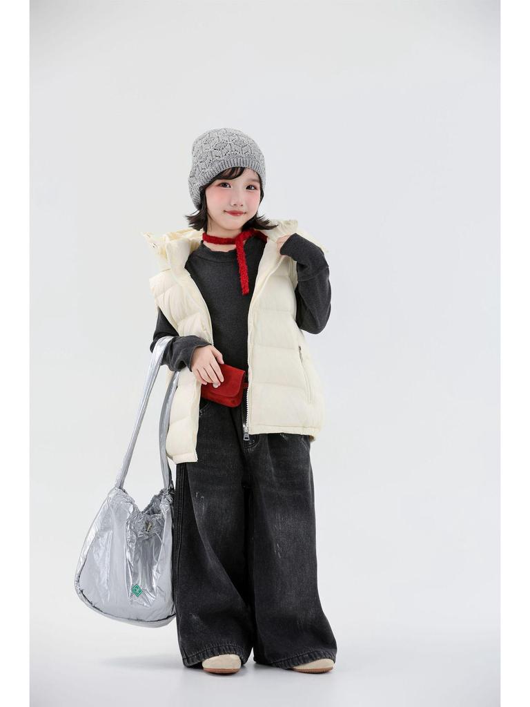 2025 Autumn/Winter Kids' Solid Color Hooded Thick Duck Down Vest