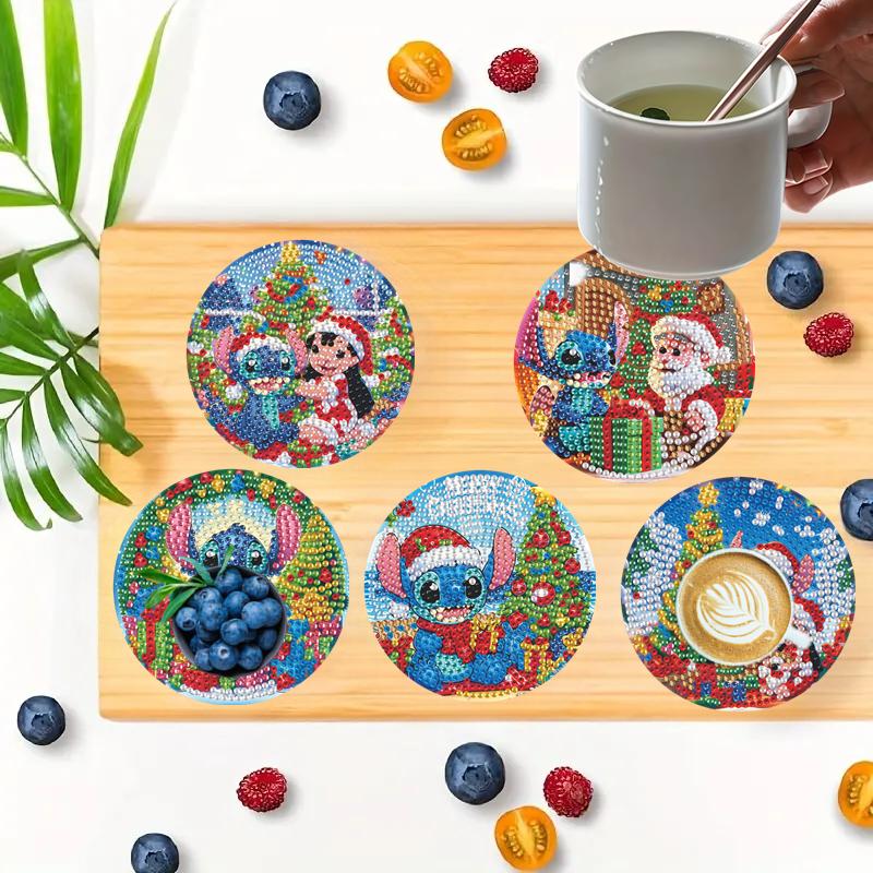 8 Pieces/set Disney Christmas Stitch Series Diamond Painted Coaster DIY Diamond Art Coaster 5D Full Diamond Diamond Coaster Acrylic Round Cup