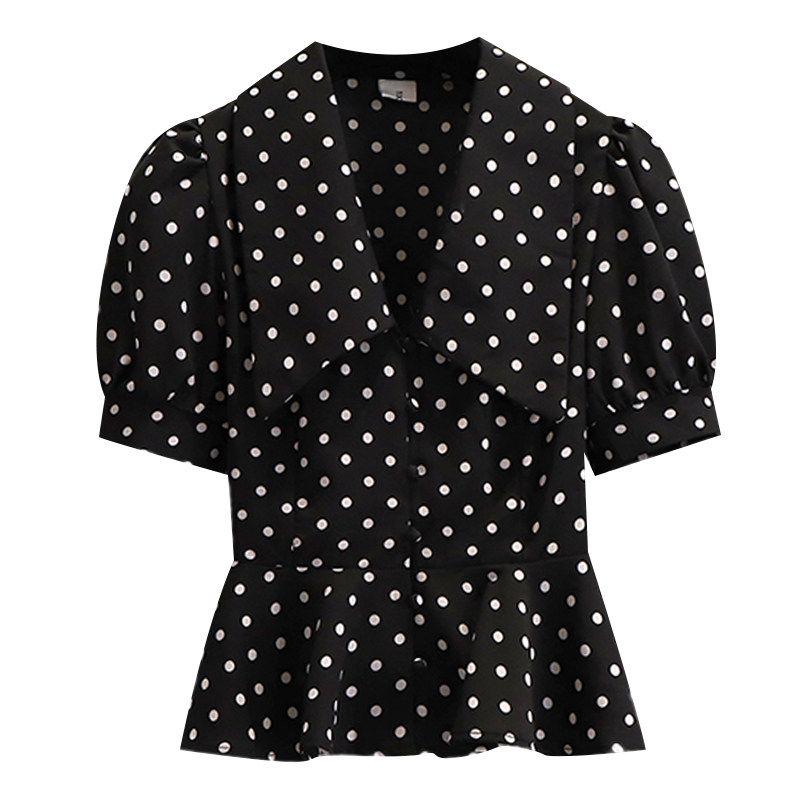 Caraclub Large Size Doll Collar Polka Dot Puff Sleeve Chiffon Shirt for Women 2026 New Summer French Chic Short Sleeve Black 3XL