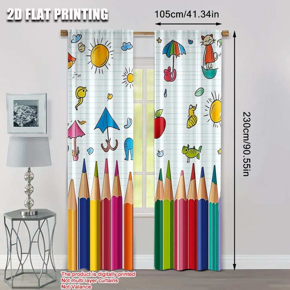 Set Of 2 Spring Summer Curtains Colorful Drawing Pencils Doodle Sheer Polyester Easy Install Decorations Curtain With