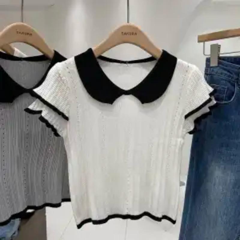 

Women s Summer Contrast Collar Short Sleeve Knit Top Hollow Out Striped OneSize білий