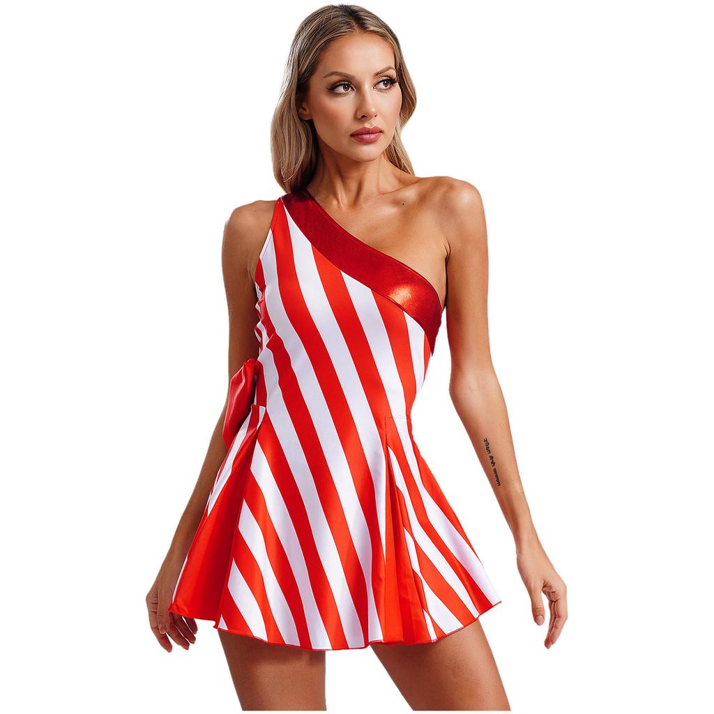 Womens Christmas Party Dress Single Shoulder Sleeveless High Waist A Line Design Bow Knot Stripes Holiday Festival Costume