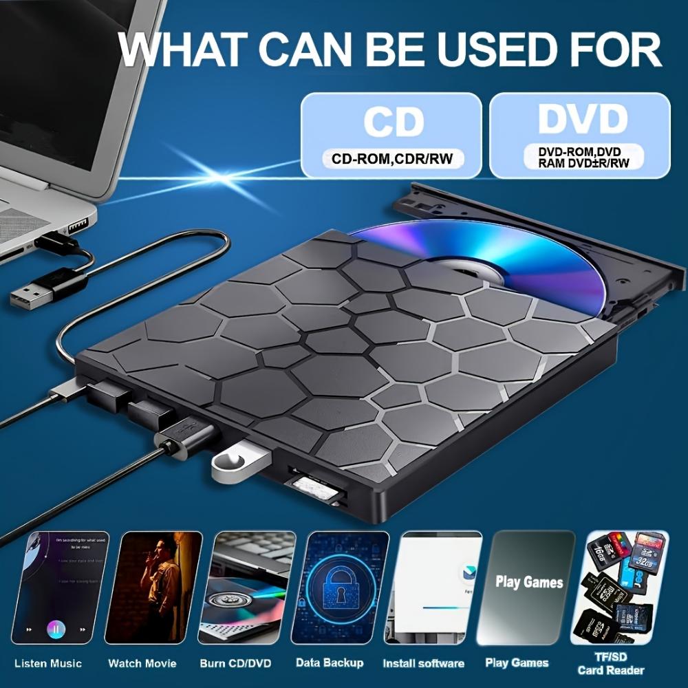 Multifunctional External Optical Drive DVD Burner 7-in-1 USB3.0  Can Be Connected To an External U Disk and Can Be Inserted Into a Card for Expansion