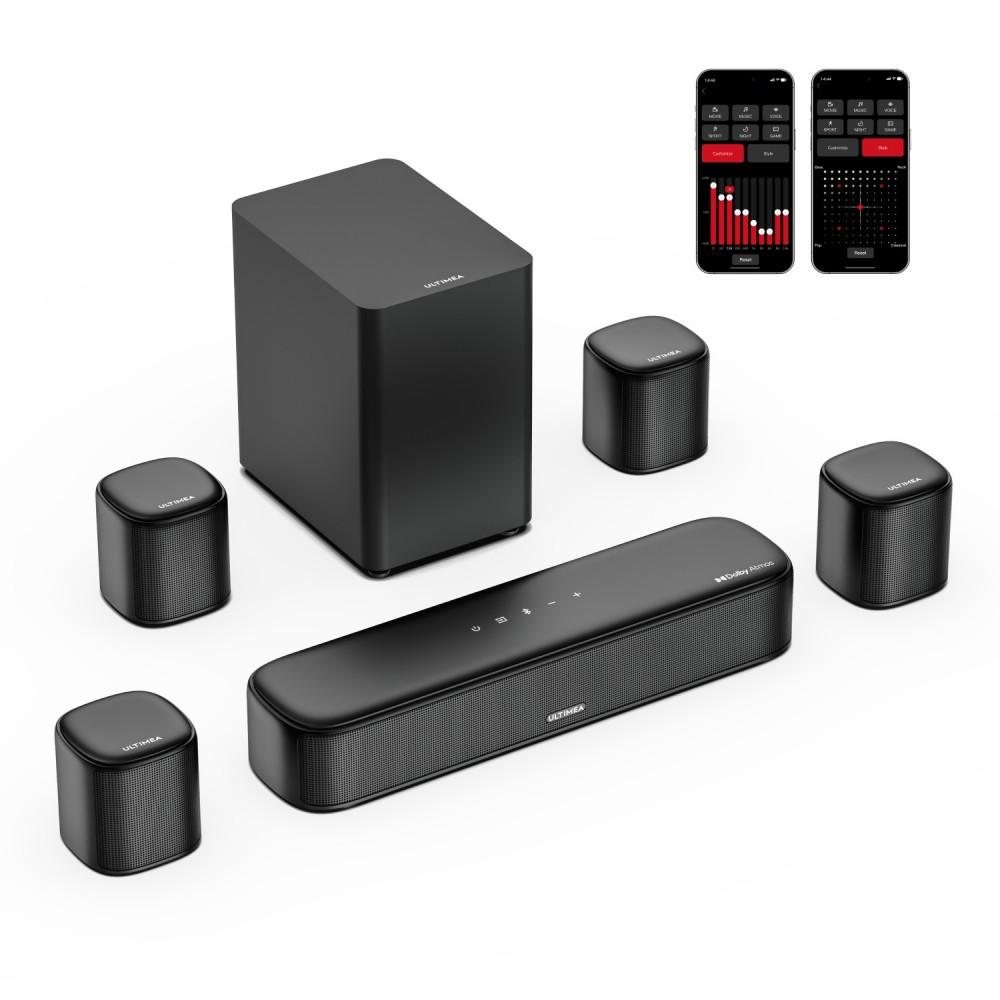 Ultimea Aura A60 7.1 Soundbar, Smart APP & Sprachsteuerung, BassMX-Technologie, 350W Spitzenleistung, HDMI eARC, 4 Surround-Lautsprecher, für Smart-TV, Schwarz