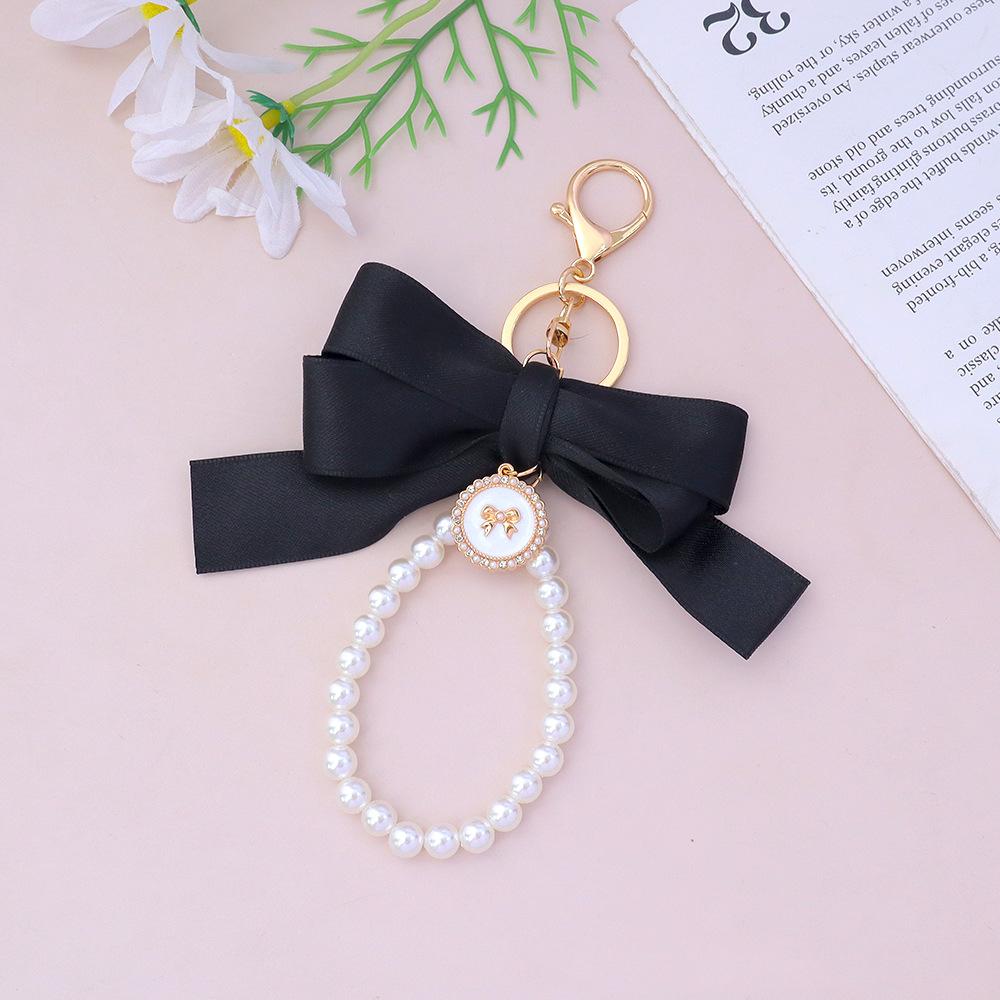 Handmade Bowknot Keychains Fabric Ribbon Headphone Case Accessories Creative Pearl Bow Keychain