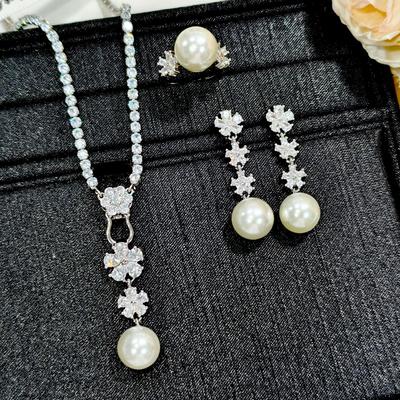 Luxury Natural Freshwater Pearl Bridal Jewelry Sets For Women Fashion Shiny Snowflake Zircon Earrings Necklace Ring Jewelry Gift