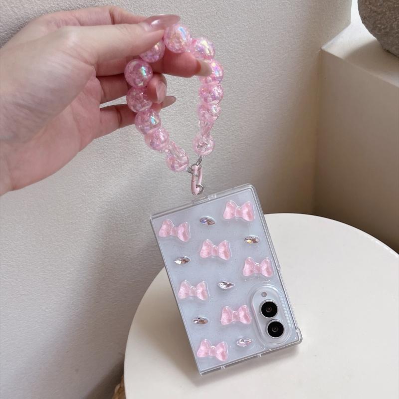 Korean Clear Glitter Pink Bow Cute Phone Case For Samsung Galaxy Z Fold 8 Ultra 7 6 5 Fold7 Fold6 Cover with Chain Kawaii Cases