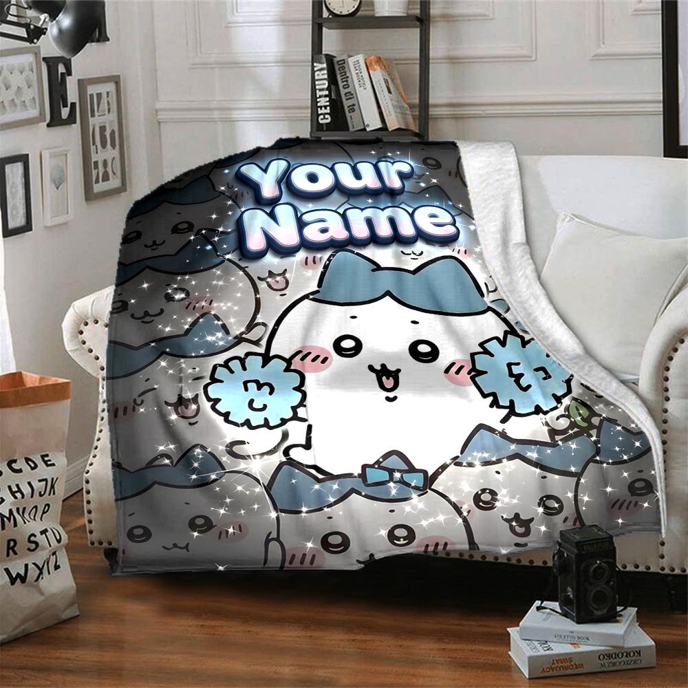 1pc Chiikawa Blanket with Custom Name, Gift, for Men and Women, Soft Blanket, Good for Sofa Bed Couch Travel, Lightweight Flannel Blanket