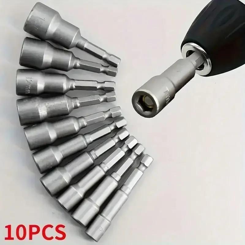 10-14PCS Impact Socket Magnetic Nut Hex Socket Nozzle Screwdriver 1/4 Hex Wrench Set Drill Bit Adapter for Electric Drill Tools