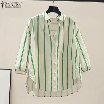 Γυναικεία Casual Μπλούζα Ριγέ με Χαλαρή Γραμμή και Μανίκια 3/4 με Γιακά που Γυρίζει προς τα Κάτω