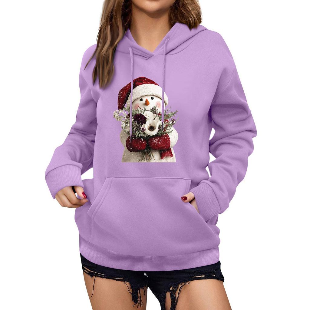 Women's Winter Christmas Printed Pullover Hooded Sweatshirt Fleece Long Sleeve Sweatshirt