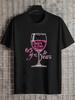 1pc Cheers To 65 Years Diamond-Bling Pink Wine Glass T-shirt - Black Cotton Crew Neck Short Sleeve Tee with Glittery Wine Glass Graphic