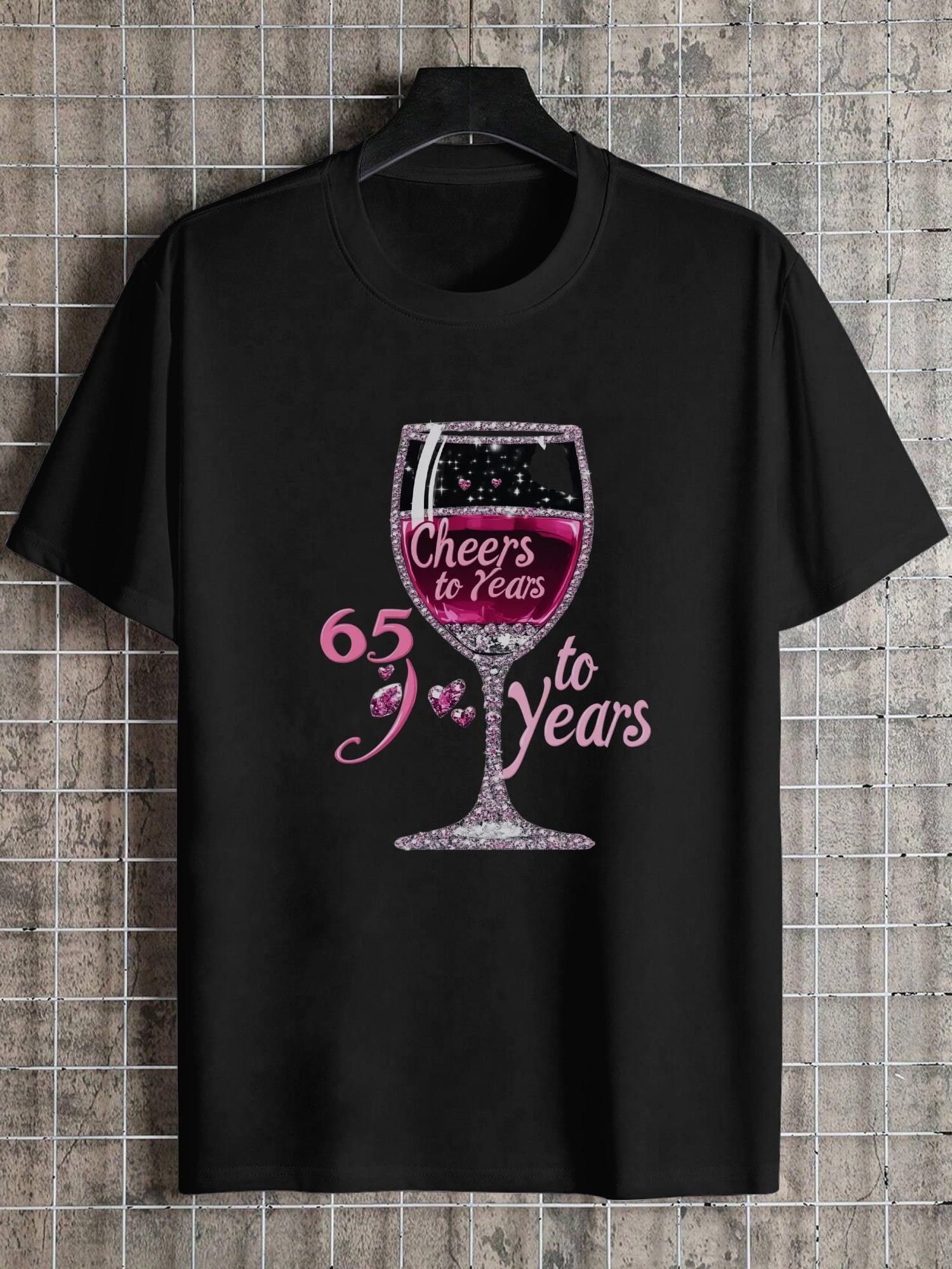 1pc Cheers to 65 Years Diamond-Bling Pink Wine Glass T-shirt - Black Cotton Crew Neck Short Sleeve Tee with Glittery Wine Glass Graphic M