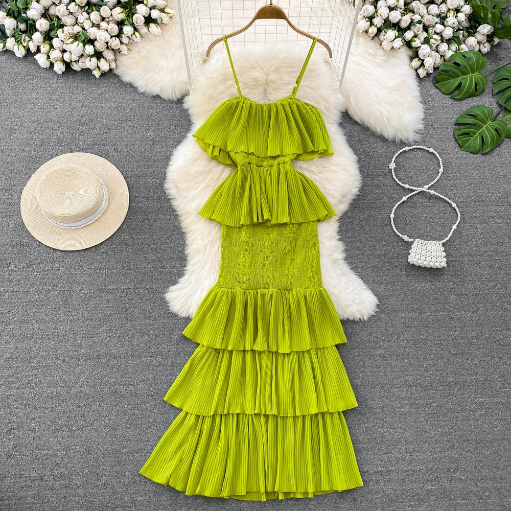 

Летнее женское модное платье на подтяжках, милое платье с открытой спиной и высокой талией, асимметричное платье-торт, пляжное платье для отдыха на море One Size изумрудный