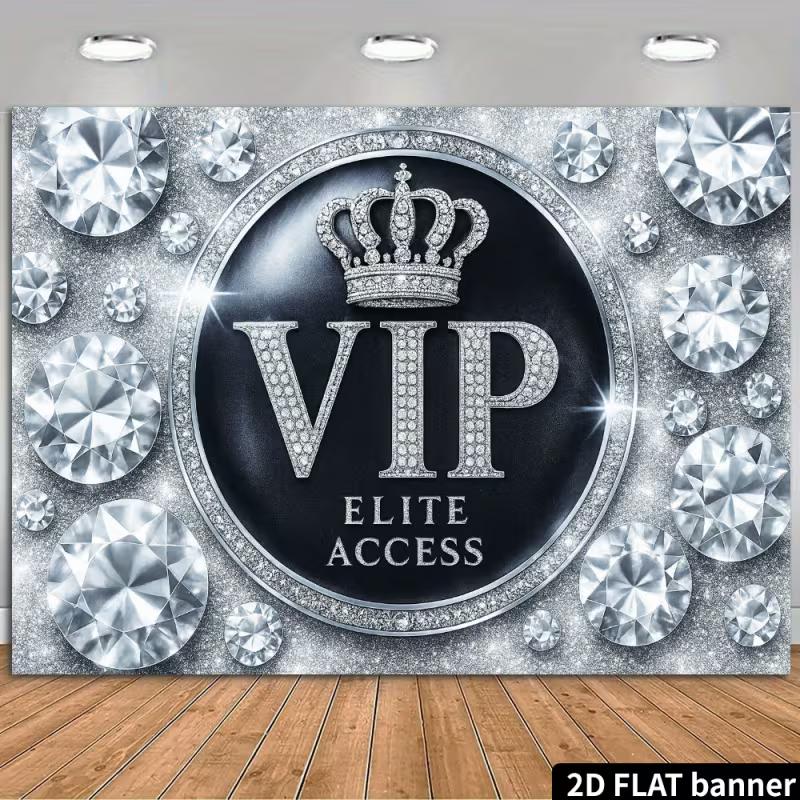 2D Silver Diamond VIP Backdrop, Black & Glitter Crown Photography Background for VIP Themed Party Supplies 47.2x31.5inch/120*80cm