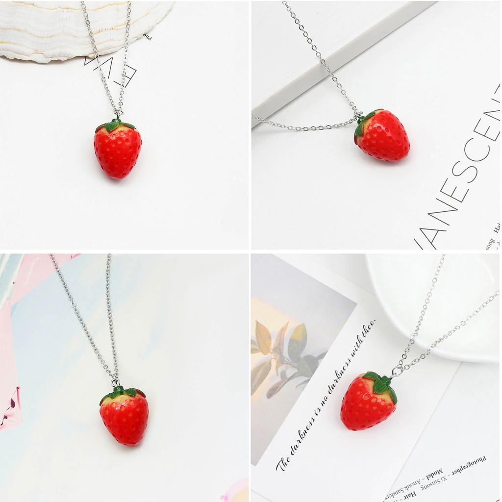 Fashion Strawberry Pendant Necklace Earring Sweet Clavicle Chain Simple Choker 3D Fruit Dangle Earring Statement Jewelry