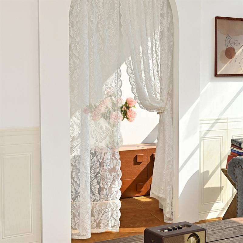 Leaf Embroidered White Sheer Curtains Rod Voile Drapes for Bedroom and Living Room for Privacy Protections Decors