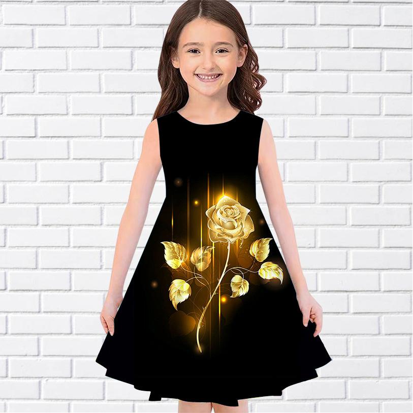 Girls Sleeveless Round Neck Vest Dress Stylish 3D Digital Print Pattern Summer Versatile Mini Children's Dress