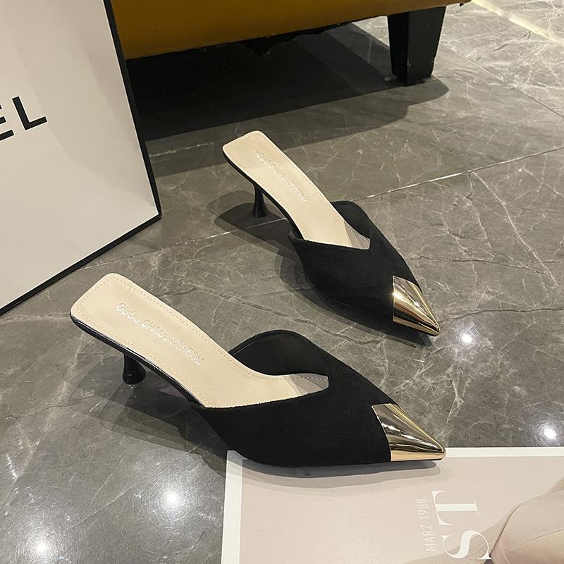 Fashion Cover Toe Thin Heels Shoes Mules For Women 2025 Slippers Flat Shallow Slides Pointed High Pumps Cover Toe Shallow Flat Shoes Fem
