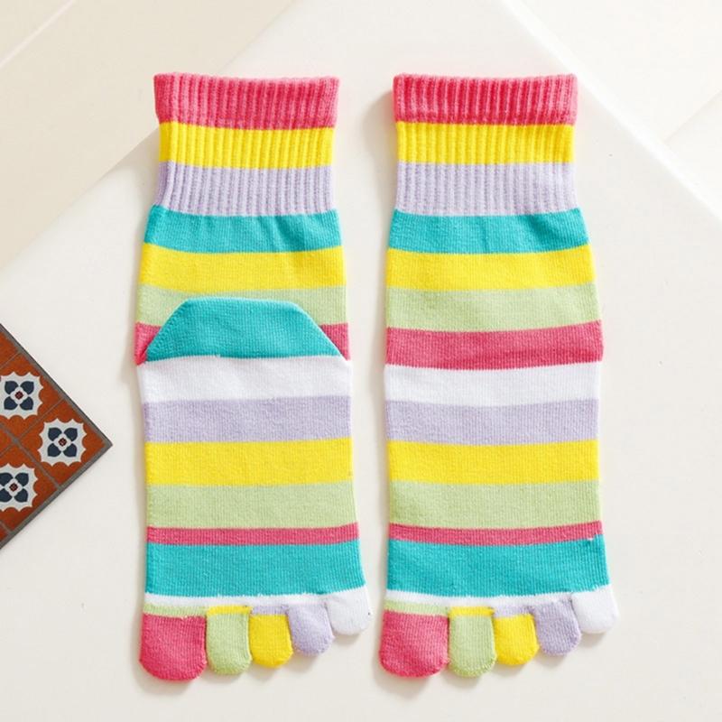 Calzini a strisce arcobaleno a tubo medio per donne e ragazze, casual, traspiranti, a cinque dita separate, per corsa e sport