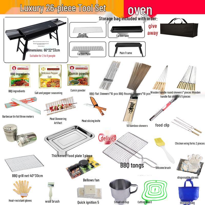 Portable Folding Charcoal Barbecue Grill with Skewers for Outdoor Cooking