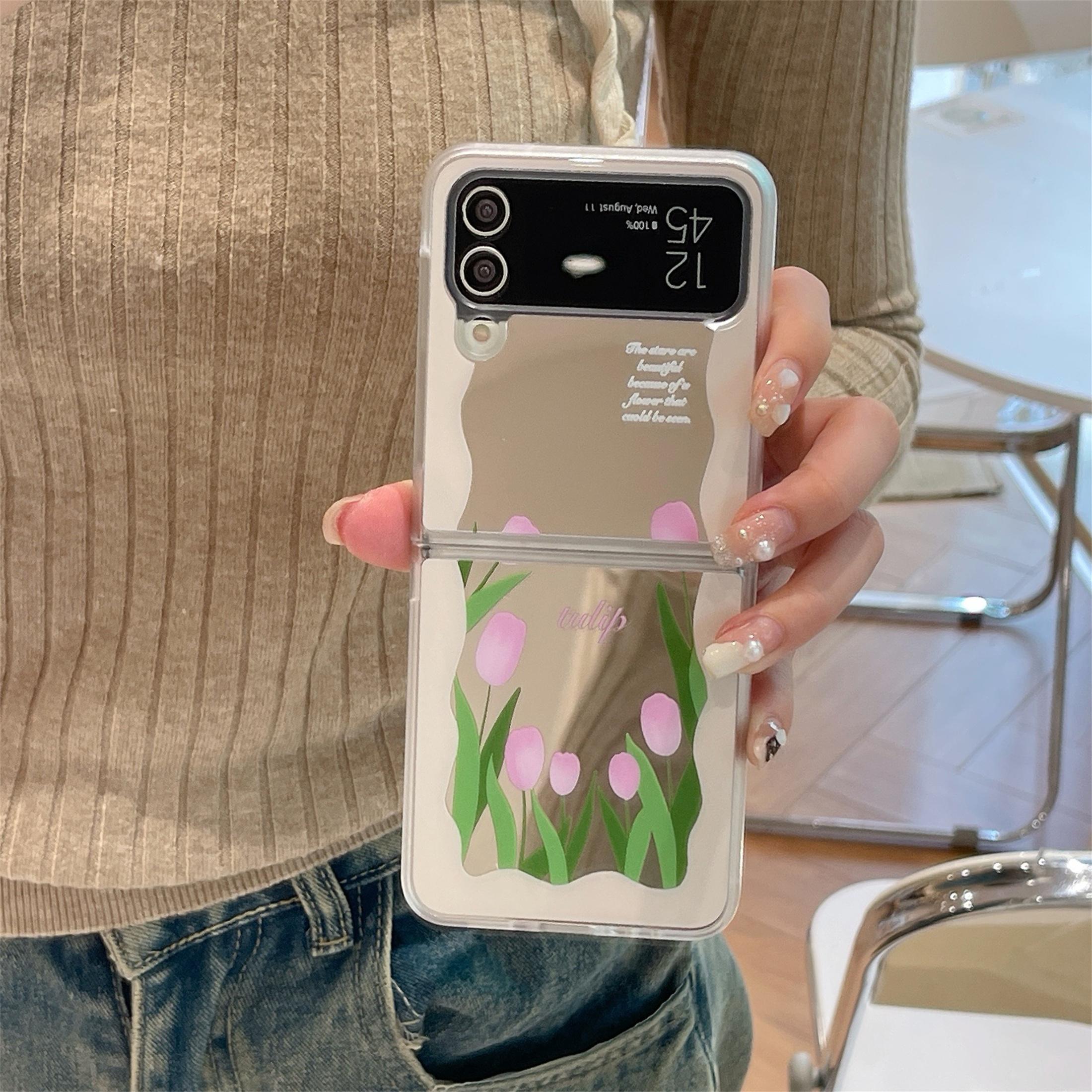 

Чехол-зеркало с покрытием из серебра и тюльпана и синего английского цвета для Samsung Galaxy Z Flip 5 4 3 5G, защитный чехол от падения Samsung Galaxy Z Flip 3