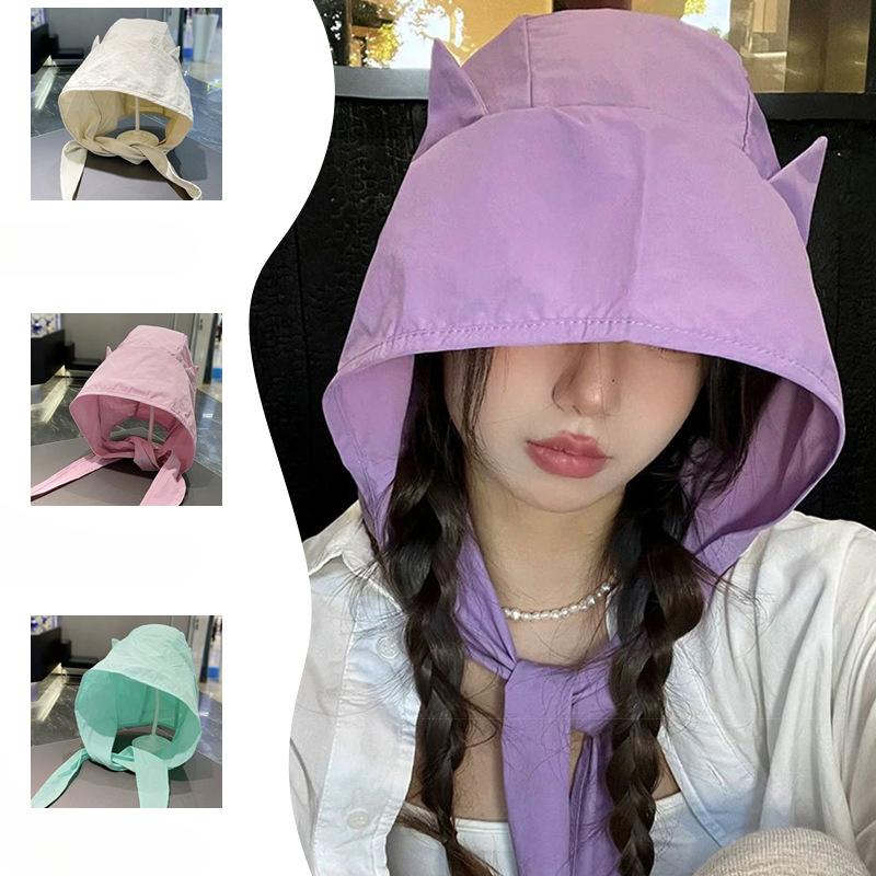 Women's Spring and Summer Thin Sun Protection UV Head Hat Japanese Cute Little Devil Ear Quick Dry Fisherman Hat