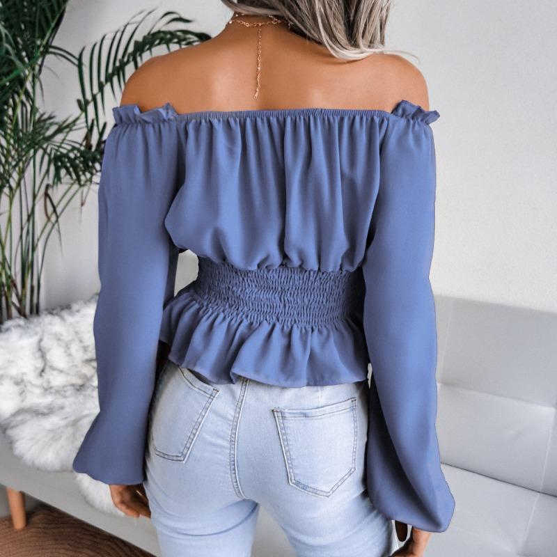 Fashion Elegant Off-shoulder Hem Ruffle Edge Blouse Women Slim Fit Pleated Solid Color Shirt Long Sleeve Casual Simple Short Top Sexy Women's Clothing