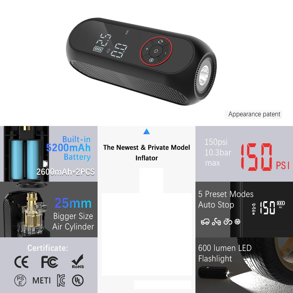 50L/min With LED Flashlight Tire Pressure Test Tire Air Pump 0-150psi/10bar Car Air Compressor Portable Inflator Digital