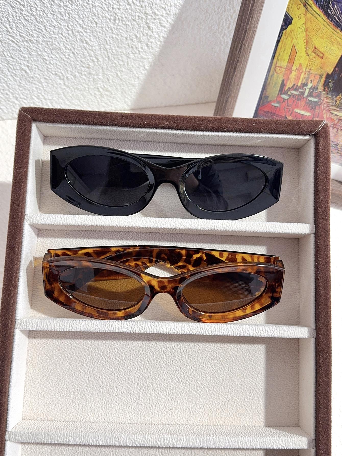

2Pcs Fashionable Oval Frame Glasses Set, Chic Black, Tortoise Shell Printed Decorative Glasses, Unisex, Suitable for Daily Wear