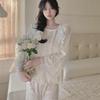 2024 Women's Gold Velvet Pajamas Set: Lace-Trimmed Long-Sleeve Top & Trousers, Autumn/Winter Court Style