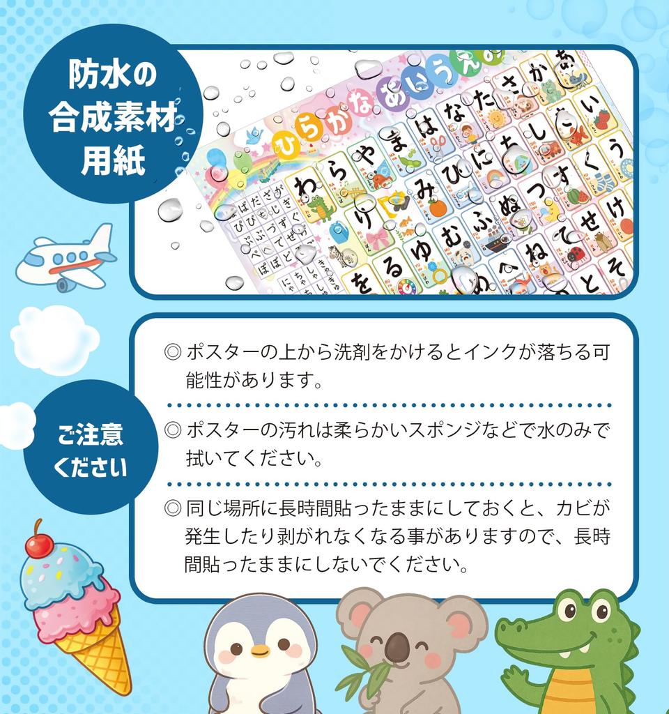 NYANDELMO Bath Poster Educational Hiragana Learning Waterproof Colorful Illustration B3 Size Entrance Preparation Home Study School NYANDELMO