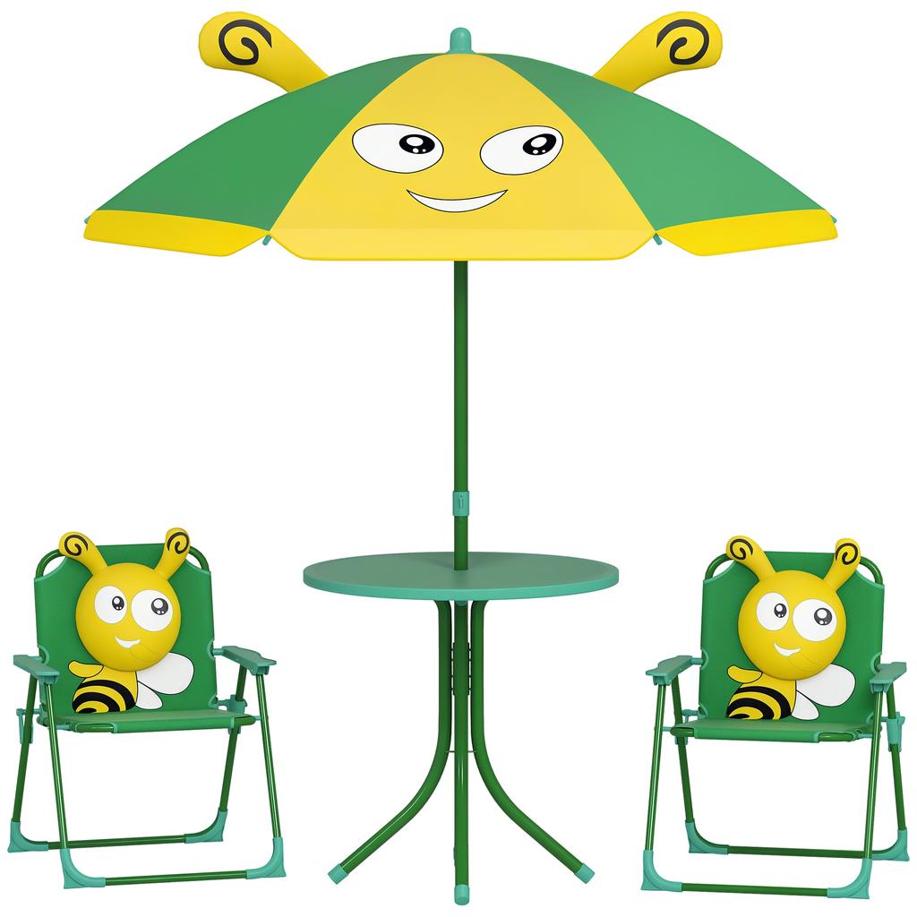 Garden Furniture Set for Children, Chairs, Table, Parasol, Bee Design, Green+Yellow