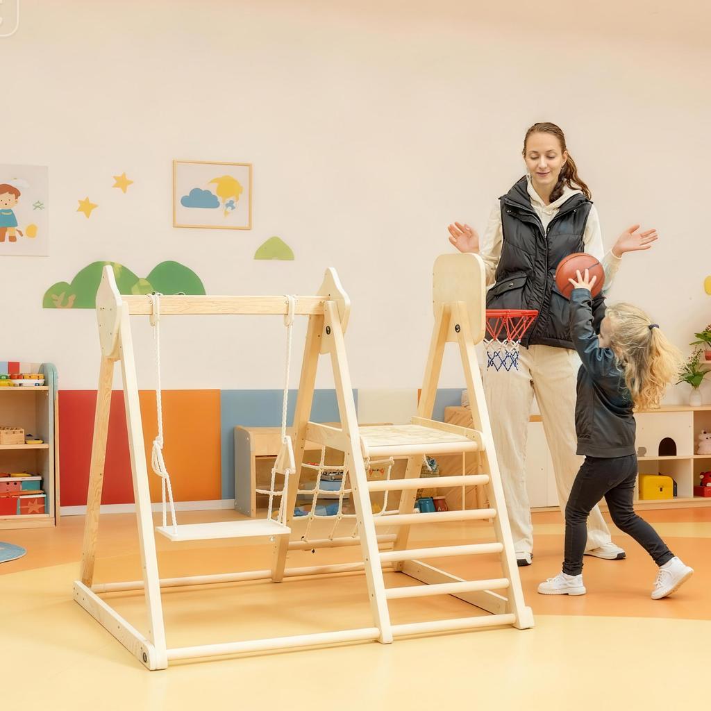 5-in-1 Indoor Climbing Frame with Slide, Swing, Climbing Net, Basketball Hoop, Foldable, 3-6 Years, Natural Wood